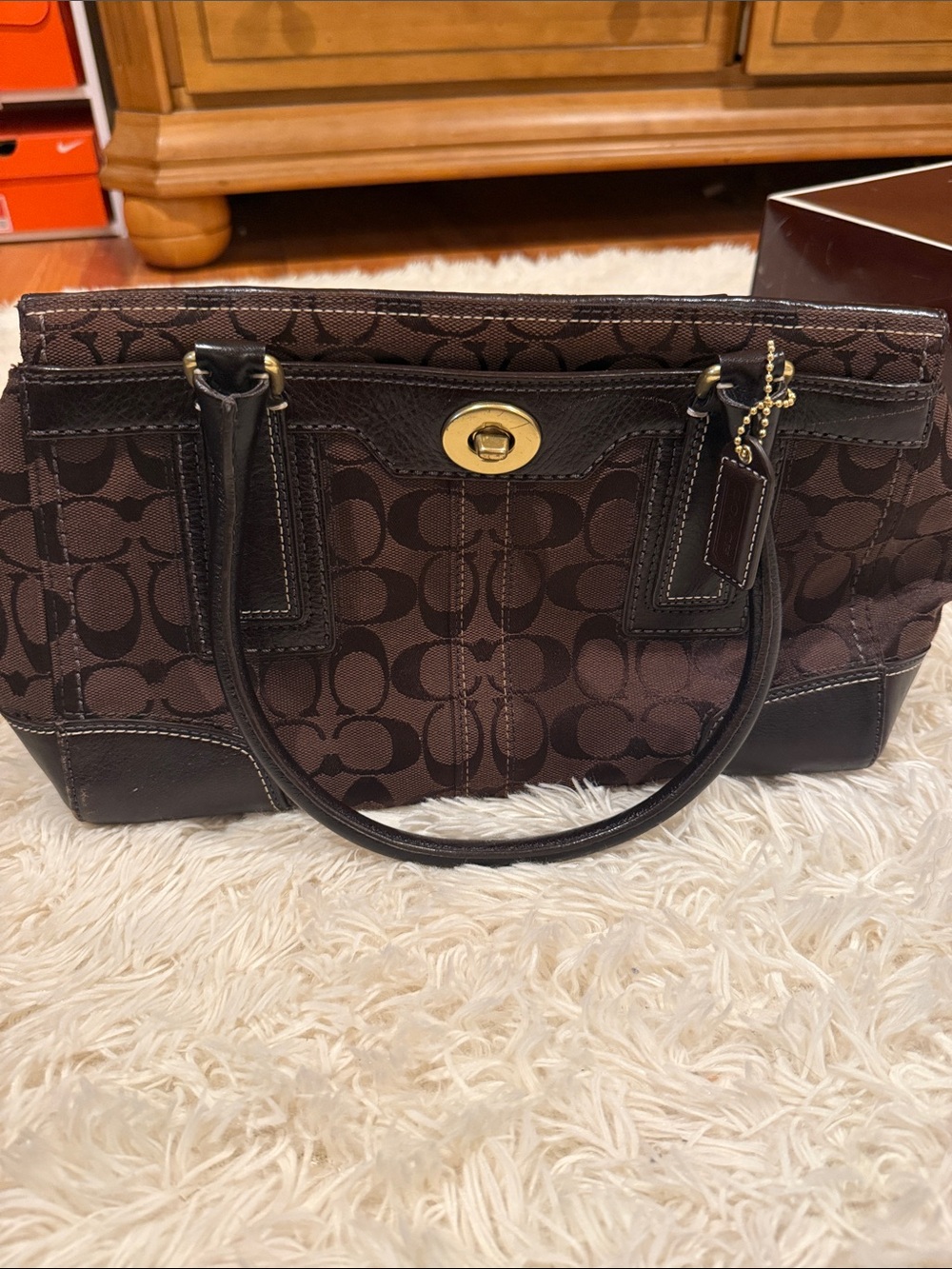 Coach Brown Signature Canvas Shoulder Tote with Dark Trim and Gold Hardware